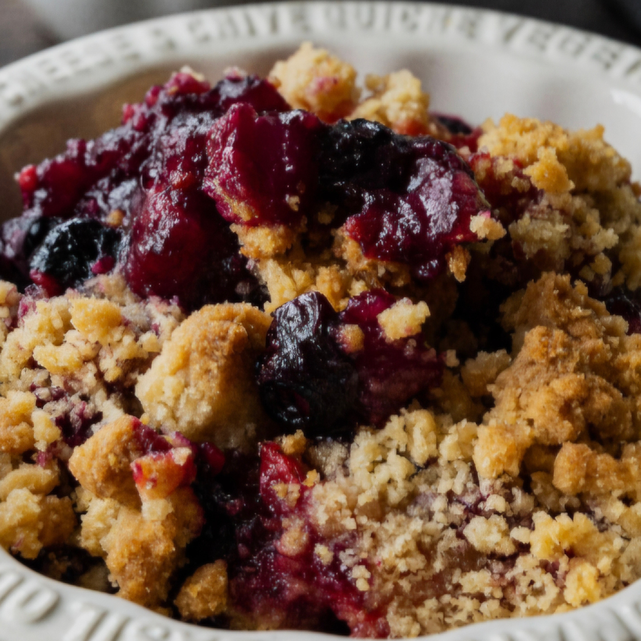 Peach & Berry Crumble with Vanilla Custard